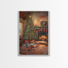 Cargar imagen en el visor de la galería, Children By Fireplace And Christmas Tree Framed Canvas Print Cozy Holiday Home Decor With Warm Fire And Festive Decorations Christmas Art