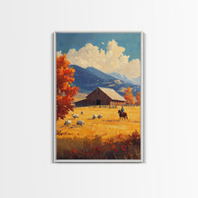 Load image into Gallery viewer, Cowboy Herding Cattle Framed Canvas Print Rustic Autumn Landscape With Barn And Vibrant Fall Colors Perfect Country Christmas Decor Art