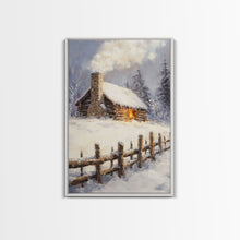 Load image into Gallery viewer, Rustic Cabin In Snow Framed Canvas Print Wall Art Christmas Home Decor, Winter Landscape Art, Cozy Winter Cabin Scene