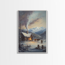 Load image into Gallery viewer, Mountain Cabin In Snow With Horses Framed Canvas Print Wall Art Rustic Winter Decor, Country Christmas Art, Winter Wonderland Scene