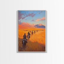 Load image into Gallery viewer, Cowboy Campfire Framed Canvas Print, Evening Gathering with Riders Around Fire, Western Landscape Art for Fall or Winter Home Decor