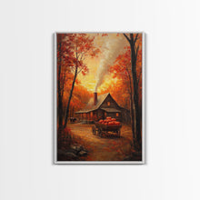 Carregar imagem no visualizador da galeria, Autumn Cabin with Pumpkins Framed Canvas Print, Warm Fall Countryside Scene with Golden Leaves, Cozy Rustic Farmhouse Wall Art Decor