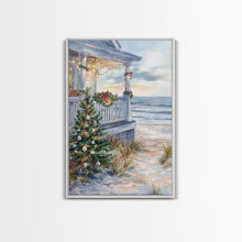 Cargar imagen en el visor de la galería, Coastal Christmas Tree Framed Canvas Print, Festive Holiday Decor Tree Beach and Ocean View, Nautical Wall Art Tropical Christmas Decor