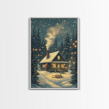 Load image into Gallery viewer, Cozy Cabin in Snowy Winter Forest, Warm Christmas Lights and Peaceful Holiday Scene, Perfect for Winter Wall Art, Framed Canvas Print