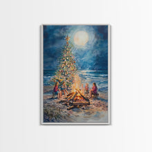 Cargar imagen en el visor de la galería, Christmas by the Bonfire Framed Canvas Print Family Gathering Around Christmas Tree Beach, Coastal Holiday Wall Art Nautical Christmas Decor