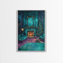 Load image into Gallery viewer, Cozy living room with Christmas tree and fireplace, Framed Canvas Print, Christmas wall art, perfect modern farmhouse holiday decor