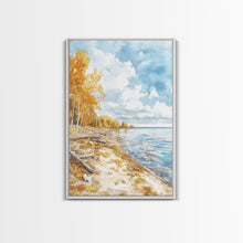 Load image into Gallery viewer, Autumn beach scene with golden trees and calm shoreline Framed Canvas Print, fall landscape art perfect autumn wall decor for rustic homes