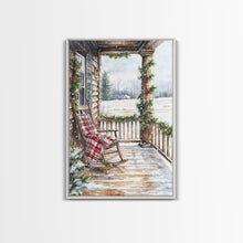 Carregar imagem no visualizador da galeria, Farmhouse porch decorated with garland and cozy rocking chair, Framed Canvas Print winter decor idea for rustic home Christmas wall art