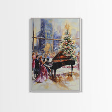 Load image into Gallery viewer, Elegant Christmas party with grand piano and city skyline view Framed Canvas Print, classy holiday wall art perfect seasonal decor idea