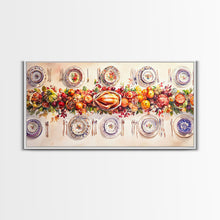 Load image into Gallery viewer, Festive Thanksgiving dinner table setting with colorful centerpiece, framed canvas print perfect autumn holiday decor wall art