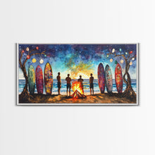 Carregar imagem no visualizador da galeria, Canvas Print Beach Bonfire with Surfboards Under Stars, Coastal Christmas Art, Tropical Holiday Wall Art, Beach Christmas Decor