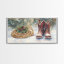 Carregar imagem no visualizador da galeria, Canvas Print Cowboy Boots with Christmas Wreath and Rope, Rustic Christmas Decor, Winter Western Holiday Art, Farmhouse Wall Print