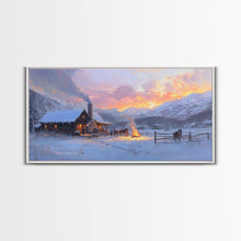 Load image into Gallery viewer, Cozy Snowy Log Cabin Tall Art Framed Canvas Print Winter Home Decor With Warm Fireplace And Horse Rider Under A Beautiful Sunset Scene
