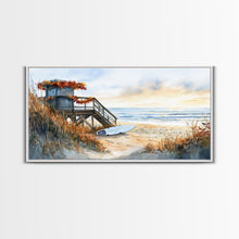 Cargar imagen en el visor de la galería, Christmas vacation decor Framed Canvas Print coastal beach cabin snowy winter landscape holiday decor gallery wall Christmas wall print