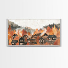 Carregar imagem no visualizador da galeria, Autumn village decor Framed Canvas Print rustic village with fall trees cozy seasonal wall art gift idea moody landscape autumn home decor