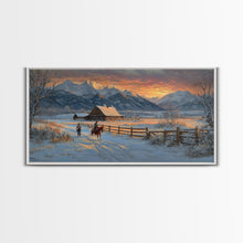Load image into Gallery viewer, Dawn on the Frontier - Christmas scene art, winter wonderland, rustic Christmas art, Christmas farmhouse decor, snowy mountain art