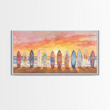 Load image into Gallery viewer, Vibrant Sunset Beach Art Surfboard Canvas Print Tropical Beach Wall Art Framed Canvas Print Fall Beach Scene Autumn Surfboard Decor