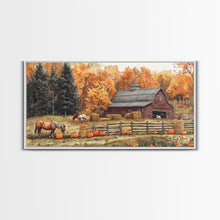 Carregar imagem no visualizador da galeria, Autumn Barn Pumpkin Horses Canvas Print Farmhouse Fall Decor Seasonal Wall Art Framed Canvas Print Rustic Fall Farmhouse Wall Art