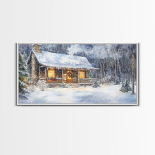 Load image into Gallery viewer, Snowy cabin Christmas decor, winter wonderland wall art, rustic farmhouse Christmas print, cozy country home decor, framed canvas print