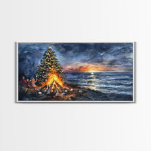 Load image into Gallery viewer, Beach Christmas decor with bonfire, sunset coastal holiday wall art, Christmas tree print, festive coastal art gift, framed canvas print