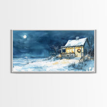 Cargar imagen en el visor de la galería, Coastal Christmas cabin decor, winter beach house art, snowy holiday seaside print, cozy Christmas wall art, framed canvas print