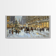 Carregar imagem no visualizador da galeria, Bustling Christmas Street Scene Tall Art Framed Canvas Print Vintage Winter Holiday Scene With Horse-Drawn Carriages And Festive Lights