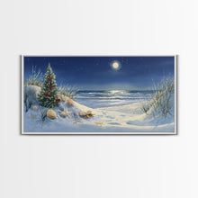 Cargar imagen en el visor de la galería, Christmas Tree on Snowy Beach with Full Moon, Framed Canvas Print, Coastal Christmas Art, Nautical Holiday Decor, Winter Wonderland, Beach