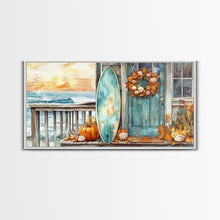 Load image into Gallery viewer, Coastal Surfboard and Pumpkins Fall Scene, Framed Canvas Print, Autumn Beach Decor, Fall Home Decor, Wall Art, Coastal Autumn Wall Print
