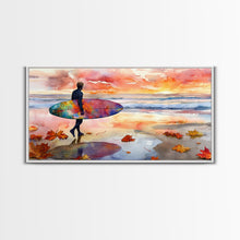 Carregar imagem no visualizador da galeria, Autumn Surfing Sunset Canvas Print | Fall Surf Art Gift | Seasonal Wall Art Decor | Gift Idea | Beach Decor Fall Theme | Framed Canvas Print