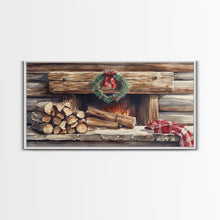 Load image into Gallery viewer, Cozy Cabin Fireplace Christmas Canvas Print | Rustic Christmas Wall Art | Holiday Home Decor | Christmas Mantle Decor | 2024 Christmas Gift