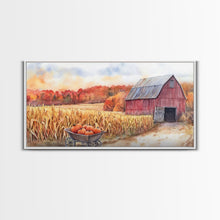 Carregar imagem no visualizador da galeria, Autumn Barn with Pumpkins in Wheelbarrow, Farmhouse Fall Decor, Framed Canvas Print, Seasonal Wall Art, Country Home Decor, Gift Idea
