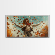 Load image into Gallery viewer, Cowboy Throwing Leaves In The Air, Funny Western Decor, Framed Canvas Print, Mood Lifting Wall Art, Fall Decor
