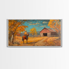 Load image into Gallery viewer, Cowboy Horse Autumn River Framed Canvas Print Perfect Above Sofa Fall Cowboy Art Moody Landscape Fall Western Wall Art