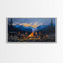 Carregar imagem no visualizador da galeria, Framed Canvas Print Western Cowboys Campfire Evening Art Landscape Rustic Winter Mountain Home Decor Extra Large Wall Art Gift