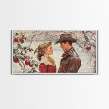 Load image into Gallery viewer, Cowboy and Cowgirl meet under the mistletoe, framed canvas print, cute winter wall art, Christmas home decor, seasonal rustic decor