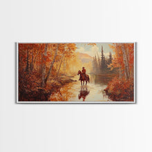 Load image into Gallery viewer, Black white cowboy riding toward snow-covered mountains, Framed Canvas Print, minimalist winter wall art, moody landscape, western decor