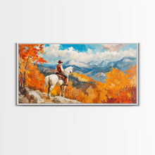 Load image into Gallery viewer, Cowboy on autumn swing, Framed Canvas Print, rustic Western art with vibrant fall, tall framed canvas print autumn decor farmhouse wall art