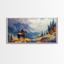 Load image into Gallery viewer, Close-up of Western cowgirl in fall foliage, Framed Canvas Print, modern tall art farmhouse gallery wall, rustic cowboy aesthetic wall print