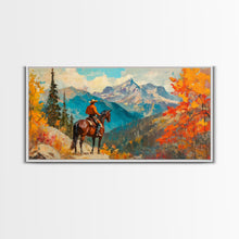 Carregar imagem no visualizador da galeria, Female cowboy in fall forest, Framed Canvas Print, tall striking artwork rustic or modern farmhouse seasonal wall art