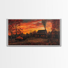Carregar imagem no visualizador da galeria, Autumn Sunset With Pumpkins And Horse Wagon, Cozy Fall Landscape Wall Art, Rustic Country Framed Canvas Print, Warm Autumn Home Decor