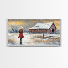 Load image into Gallery viewer, Barn Painting Framed Canvas Print, Cowgirl and her Barn, Rustic Farmhouse Decor, Winter Painting, Winter Wonderland, Farmhouse Wall Art