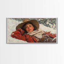 Load image into Gallery viewer, Cowgirl Laying In The Snow Framed Canvas Print, Cute Rustic Decor, Cowgirl Portrait Painting, Winter Wall Art