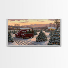 Cargar imagen en el visor de la galería, Christmas Tree Farm Framed Canvas Print, Red Truck Winter Scene, Farmhouse Christmas Decor, Christmas Vacation Decor, Holiday Art Gift