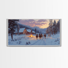 Load image into Gallery viewer, Cowboys and Log Cabin Winter Christmas Framed Canvas Print, Rustic Mountain Holiday Scene Art, Best Christmas Gift Idea, Winter Decor