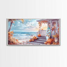 Carregar imagem no visualizador da galeria, Fall Beachfront Porch With Pumpkins Autumn Decor Framed Canvas Print, Coastal Autumn Home Decor Wall Art Beach Vibes