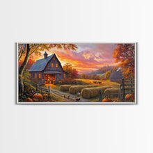Load image into Gallery viewer, Cozy Barn at Sunset Framed Canvas Print, Fall Harvest Wall Art, Country Farmhouse Autumn Decor, Seasonal Gift Idea Best Fall Wall Art