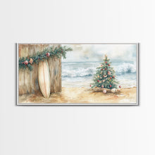Cargar imagen en el visor de la galería, Christmas Tree On Sandy Beach With Surfboard Coastal Decor Framed Canvas Print, Beach Christmas Decor Wall Art