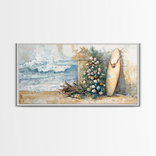 Cargar imagen en el visor de la galería, Coastal Christmas Scene Surfboards Christmas Tree Framed Canvas Print, Beach Holiday Decor Wall Art With Surfing Theme