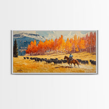 Load image into Gallery viewer, Cowboy Herding Cattle Under Mountains Framed Canvas Print Tall Art Autumn Country Landscape Fall Decor Western Wall Art Farmhouse Gift Idea