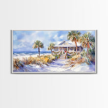 Load image into Gallery viewer, Snowy tropical Christmas decor scene, Framed Canvas Print beach house wreath and holiday lights, winter coastal home decor Christmas art